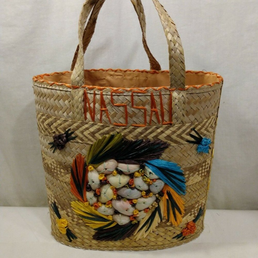 STRAW RAFFIA EMBROIDERED TOTE BAG Nassau Tourist S